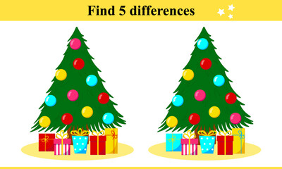 Find 5 differences for a Christmas tree decorated with balls with gifts under it