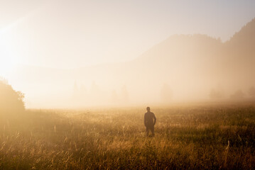 Man die in een mistig veld staat en naar de toekomst kijkt. Herfstochtend en zonneschijn op een mistig veld.
