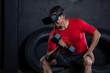 Fototapeta na wymiar Mexican sportsman doing a weight training exercise by using dumbbell and virtual reality vr goggles, metaverse workout