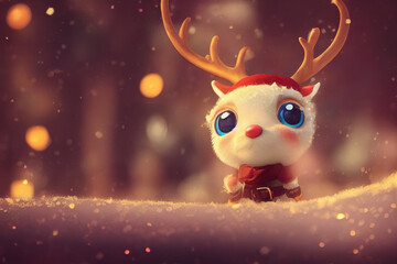 Fototapeta premium Christmas reindeer in a Santa hat cartoon character. Holiday postcard concept with a copy space.