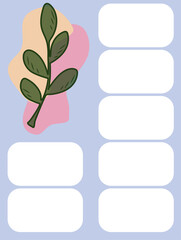 Minimalistic vector planner with plant illustration. Paper for notes, to-do lists, shopping. The original interior planner. Pages for notebooks, notepads.