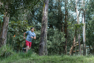 Naklejka na ściany i meble Latino man running in a morning in the middle of a forest