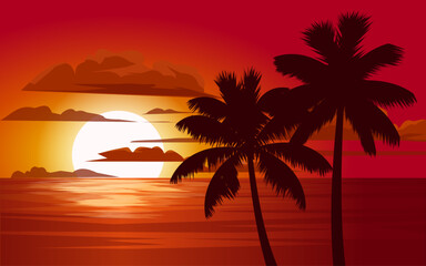 Fototapeta na wymiar red sunset on the beach with trees