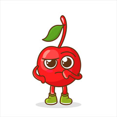 cute cherry cartoon character with confused expression. Mascot Character vector.