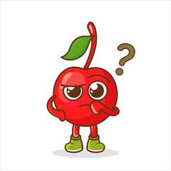 Cute funny cherry character with question.