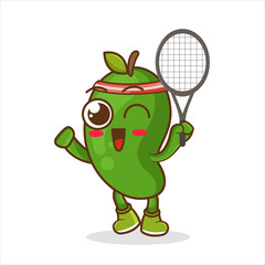 mango playing badminton illustration. character vector. vector illustration of cute mango fruit sport or character play badminton. cute mango fruit Concept White Isolated.