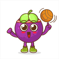 mangosteen illustration as a basketball player , character design. Mangosteen cartoon mascot character with a basketball
