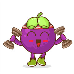 mangosteen lifting dumbbell vector. cartoon character, fitness mangosteen fruit cute character mascot vector design. cute mangosteen cartoon. with exercise equipment, dumbbells, barbells