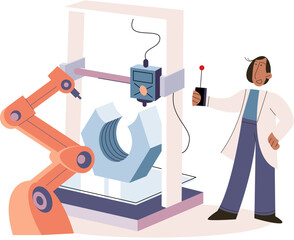 Manufacturing process at automated production industry. Scientist works with robot assembling products. Technical and science innovation. Smart manufacture, automation and development concept metaphor