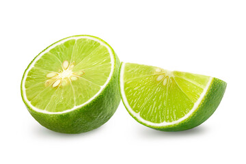 Half and slice lime isolated on white background