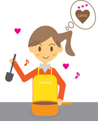 ワクワクしながらバレンタインデーのチョコを作っている女性のイラスト・女の子・2月・手作り