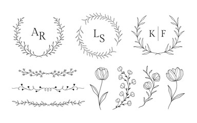 Set of hand drawn floral frames for wedding ornament or feminine beauty logo template