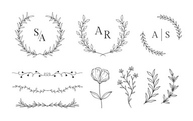 Set of hand drawn floral frames for wedding ornament or feminine beauty logo template