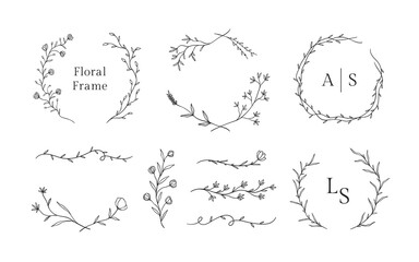 Set of hand drawn floral frames for wedding ornament or feminine beauty logo template