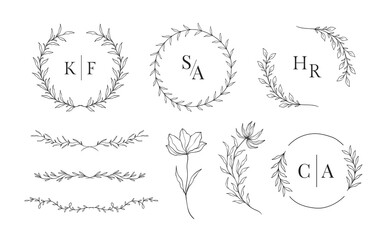 Set of hand drawn floral frames for wedding ornament or feminine beauty logo template