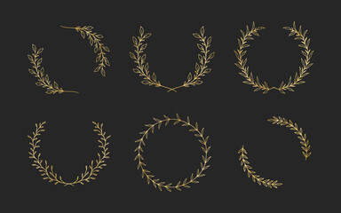 Set of hand drawn golden floral frames for wedding ornament or feminine beauty logo template