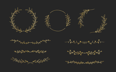 Set of hand drawn golden floral frames for wedding ornament or feminine beauty logo template