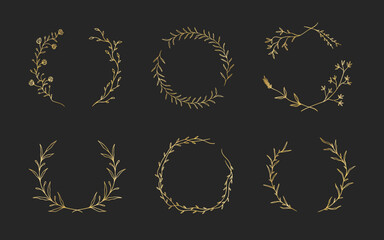 Set of hand drawn golden floral frames for wedding ornament or feminine beauty logo template