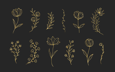 Set of hand drawn golden floral frames for wedding ornament or feminine beauty logo template