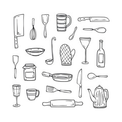 Hand drawn kitchen utensils icon set