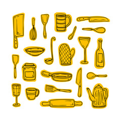 Hand drawn kitchen utensils icon set