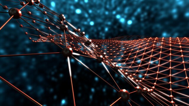 Red atom structure on aero space background under spot light environment. Concept 3D CG of biological science, network technology and human strategy.