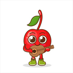 Cherry cartoon mascot character playing a guitar. happy emotions icon vector illustration.