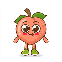 Vector illustration of cute cartoon peach. Cute Peach fruit character with happy smile