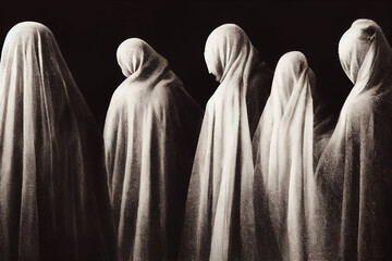 Eerie Standing Religious Figures Covered with Shrouds.  Digital Pencil Drawing. [3D Digital Art Illustration; Sci-Fi Fantasy Horror Background; Game, Graphic Novel, or Postcard Image]