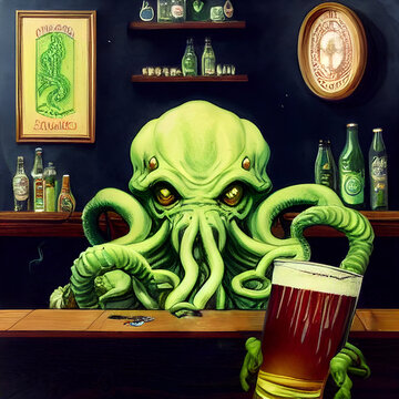 Cthulhu Serving a Pint at the Local Pub.  Ancient Cosmic Tentacle Bartender. Digital Oil Painting. [Digital Art Illustration; Sci-Fi Fantasy Horror Background; Game, Graphic Novel, or Postcard Image]