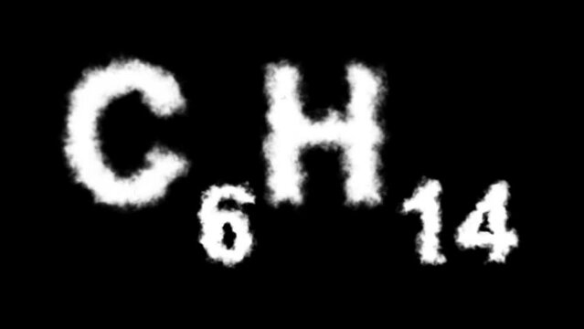 C6H14 or Hexane Molecule Symbol Smoke Cloud Text Effects Animation on Black Background and Green Screen