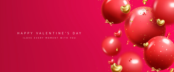 Happy valentine's day text vector background design. Valentine's day in red empty space with inflatable balloons and confetti elements for greeting card decoration. Vector Illustration.
