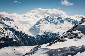 Fototapeta na wymiar Winter mountain landscape of Austrian Alps, Sölden Alpine resort