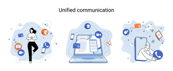Unified communication metaphor. Social media creative idea. Online social network. Business interaction applications. Marketing time. Mobile computer gadgets for cooperations and information exchange