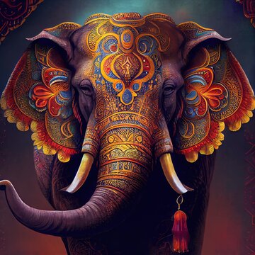 Decorated Indian elephant. Beautiful Elephant in tattoos and drawings. 3D rendering