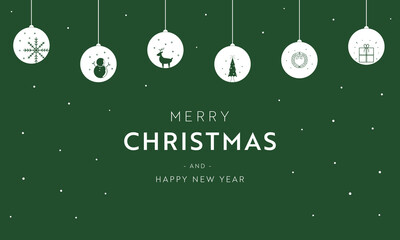 Fototapeta premium クリスマスをモチーフにしたオーナメント装飾と雪のクリスマスカード背景テンプレート（緑） Christmas card background template with ornament decoration and snow with Christmas motif (green)