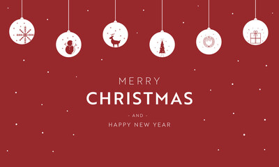 クリスマスをモチーフにしたオーナメント装飾と雪のクリスマスカード背景テンプレート（赤）　Christmas card background template with ornament decoration and snow with Christmas motif (red)