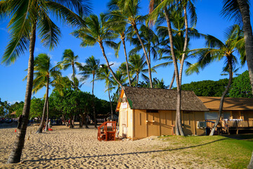 Kapolei, Hawaii / February 23, 2022 : Wooden shack on the Paradise Cove Public Beach in Ko Olina, a touristic area on the western shore of O'ahu island in Hawaii, United States