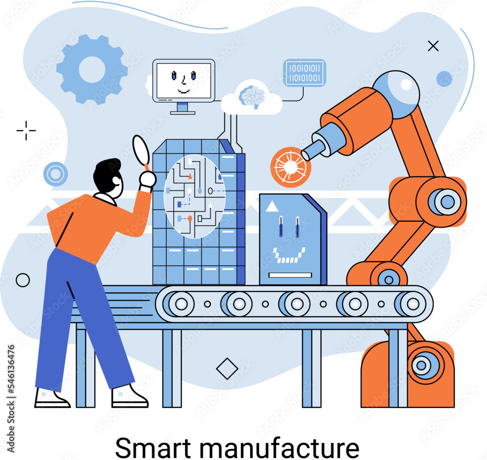 Aufkleber smart manufacture at automated production industry. most intensive and comprehensive use of network 
