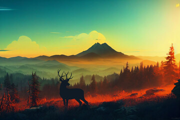 firewatch wallpaper background. beautiful scenery landscape graphic design. deer an the mountain and forest.