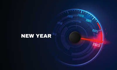 New year 2023 car speedometer, red indicator on black blur background - obrazy, fototapety, plakaty