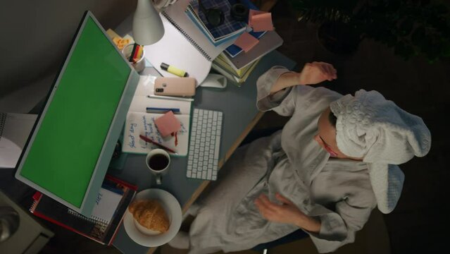 Cute housewife putting patches room top view. Girl in front chroma key desktop 