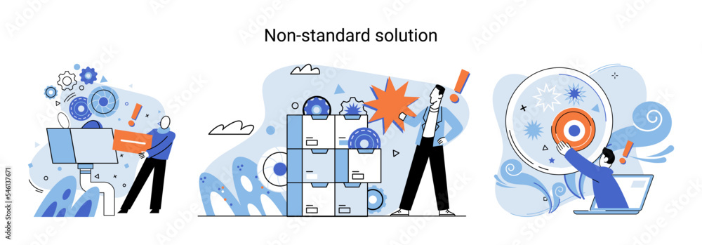 Poster non standart solution metaphor. creation of individual decision for integration of disparate product