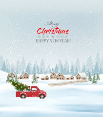 Festive Christmas background with a winter village, snow-covered fir trees and a red car is driving a Christmas tree for a  holiday. Winter illustration, banner, card - 546137636
