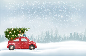 Holiday Christmas background with a snowflakes and landscape and a blue car is driving a Christmas tree for a  holiday. Winter illustration, banner, card - 546137679