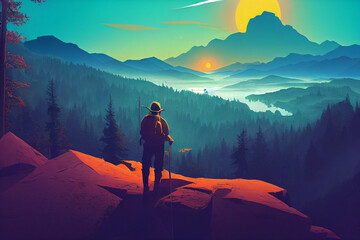 Fototapeta premium firewatch wallpaper background. beautiful scenery landscape graphic design. Hiking on the mountain valley.