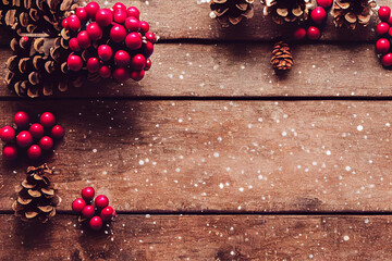 Festive winter decor background illustration, holly berries, pinecones