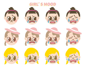 Cartoon girls avatar facial expression set. Collection of vector emotional expression illustration. Portraits of kids isolated on white. 4 kinds of different expressions of 3 girls. Emoticon set. girl
