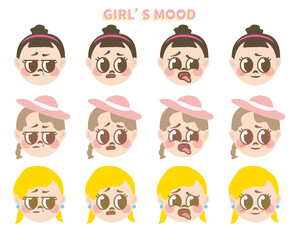 Cartoon girls avatar facial expression set. Collection of vector emotional expression illustration. Portraits of kids isolated on white. 4 kinds of different expressions of 3 girls. Emoticon set. girl