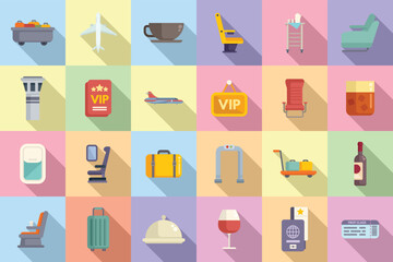 First class travel icons set flat vector. Airplane service. Seat traveler